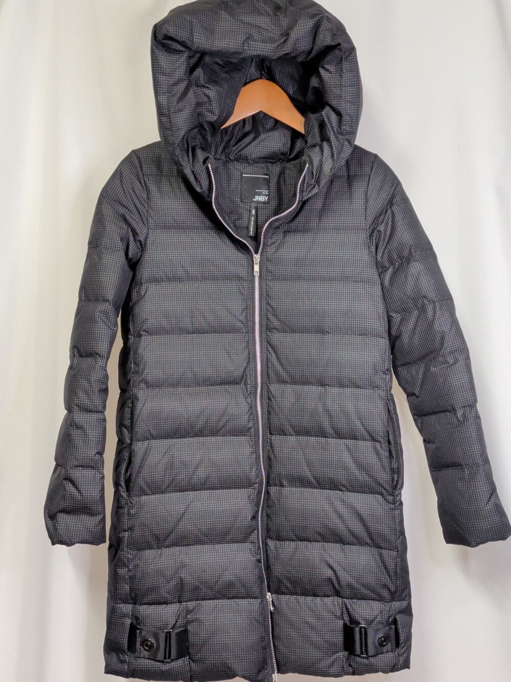 JNBY 3/4 Length Hooded Down Puffer Coat Black Gray Check Size S